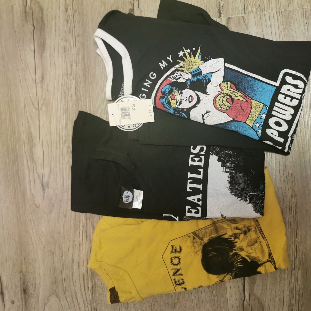 Three tees, two nwot, one NWT, xs-s, WW, Beatles